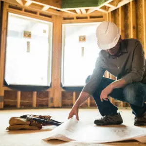 Byggeleder med hjelm gennemgår byggeplaner i råbygning
